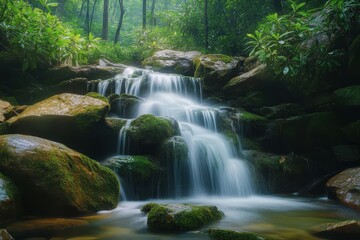 A tranquil waterfall cascading down moss-covered rocks, 