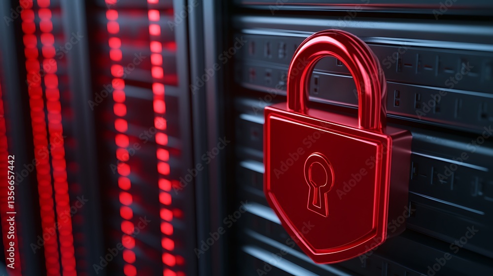 Aufkleber metallic red lock on server rack with glowing lights, symbolizing data security and protection in te