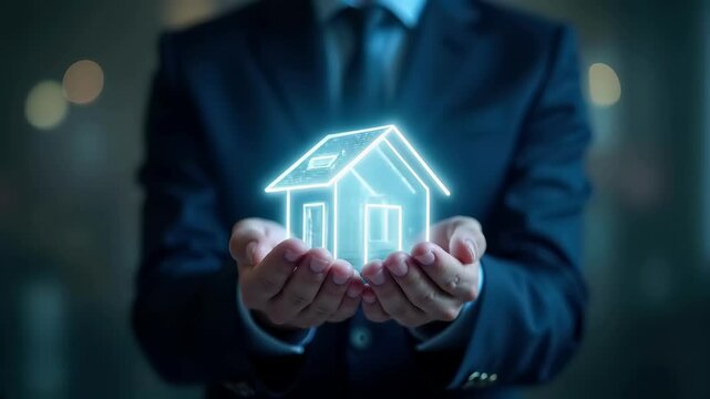Businessman in dark suit holds glowing neon house hologram in hands. Digital property concept with blue illuminated home projection. Financial investment, real estate technology, mortgage, smart
