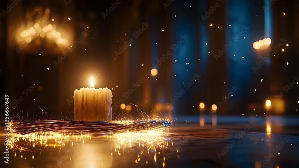 Poster a glowing candle surrounded by sparkly lights, creating a warm and atmospheric scene with a blurred 
