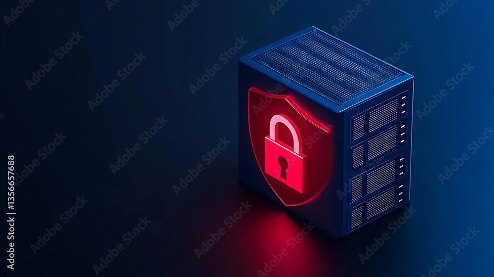 Poster modern data security box with red shield and lock symbol on dark background for cyber protection con