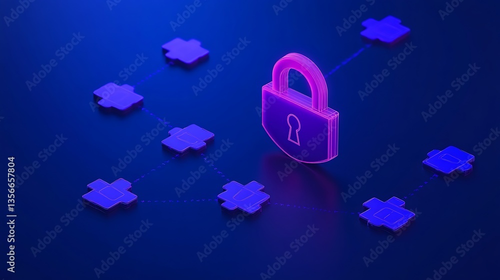 Poster modern digital lock icon with puzzle pieces representing security in technology and cyber protection