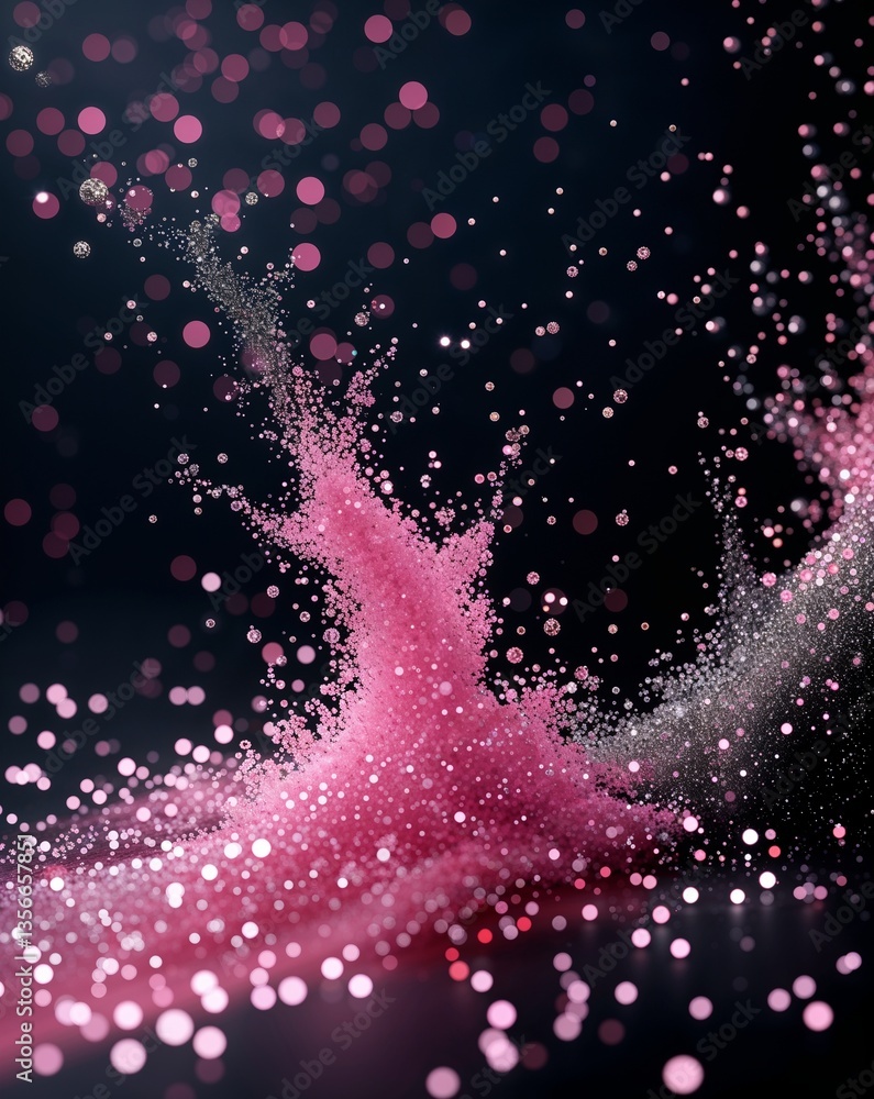 Poster black with pink bokeh with glitters in dark abstract background for card or greeting template banner