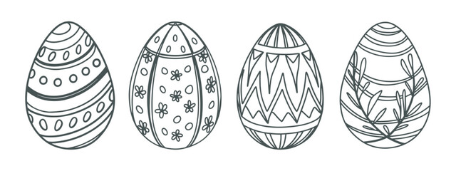 Set of hand drawn decorated Easter eggs isolated on white background. Illustration for coloring book.