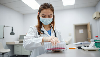Healthcare professional in a lab coat and mask handling blood test samples in a medical laboratory
