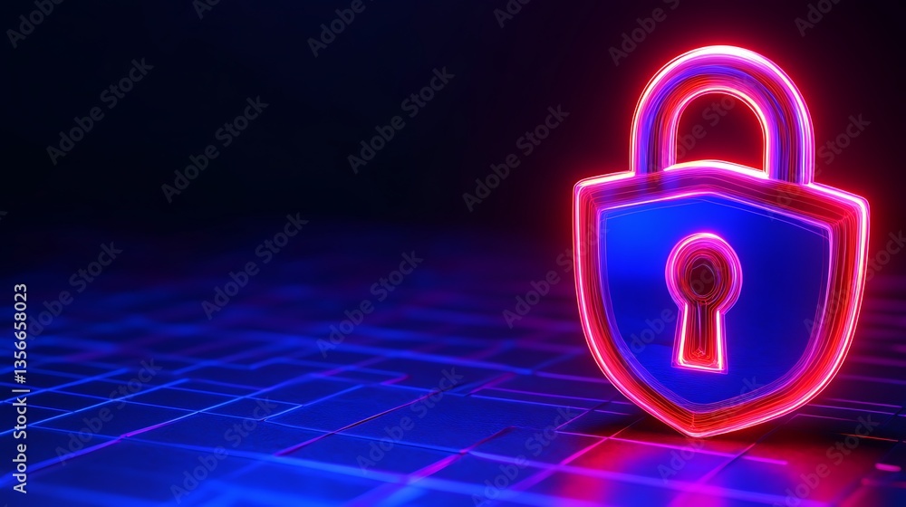 Aufkleber neon cybersecurity symbol of a lock with glowing elements representing digital protection and privac