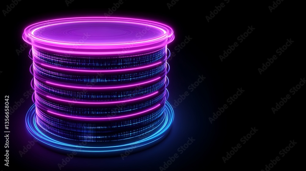 Poster neon cylinder with futuristic glow and abstract light effects on black background for digital concep