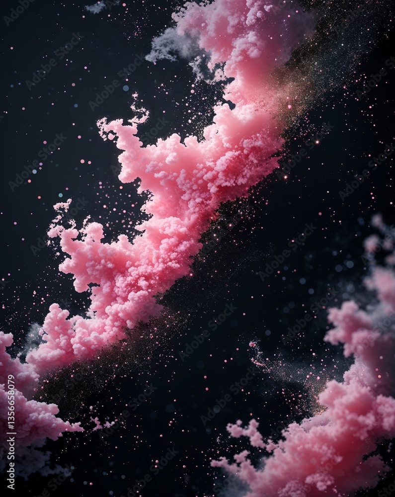 Poster black with pink bokeh with glitters in dark abstract background for card or greeting template banner