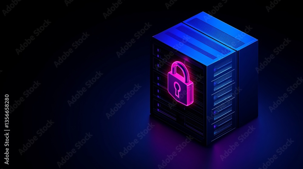Poster neon data server with security lock icon in a dark background for cybersecurity concept representati