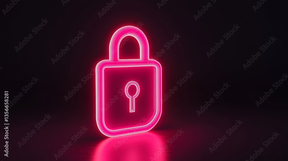 Poster neon glow of a lock symbolizing security and protection in digital age with dark background