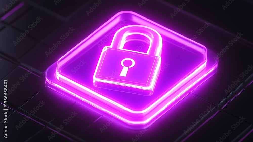 Poster neon lock icon on a dark background symbolizing digital security and protection in technology and cy