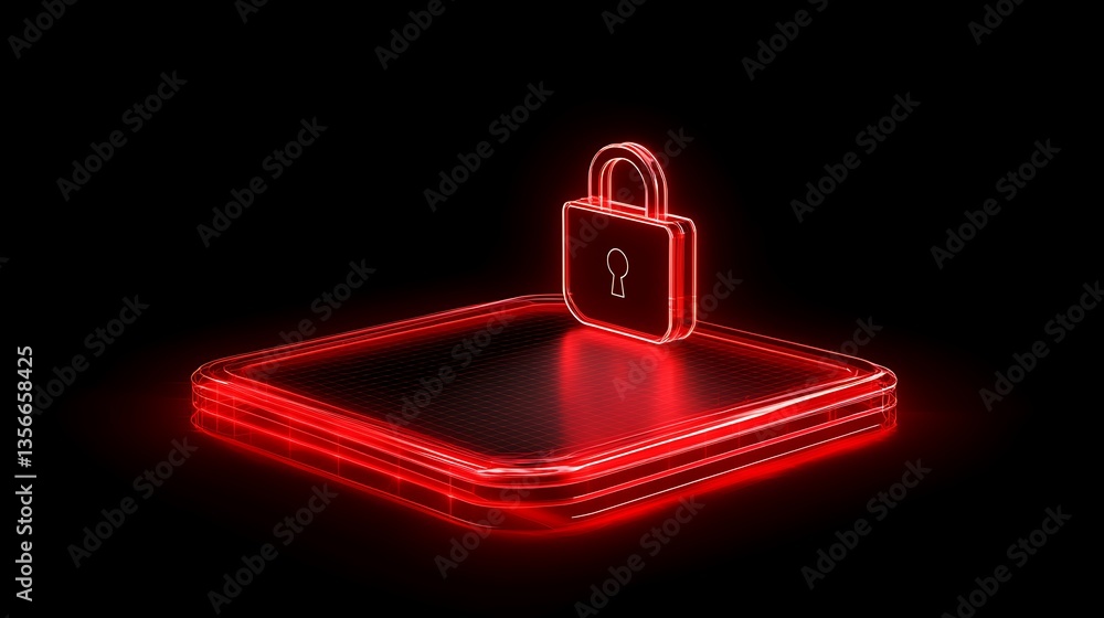 Poster neon lock icon on transparent glossy base with dark background for digital security and protection c