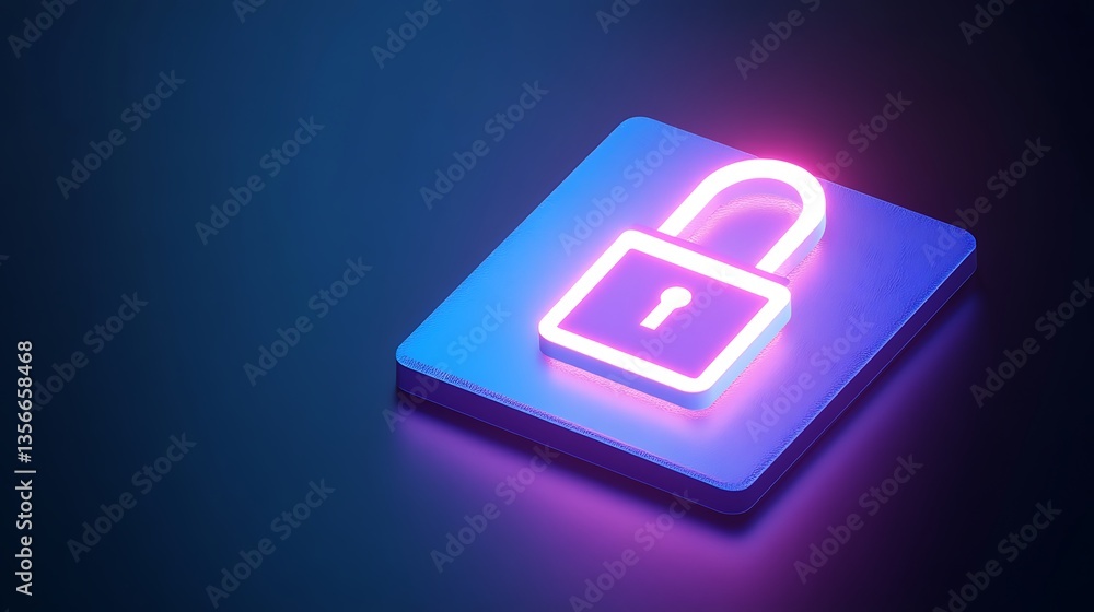 Poster neon lock icon symbolizing digital security and privacy on a dark background in modern technology co