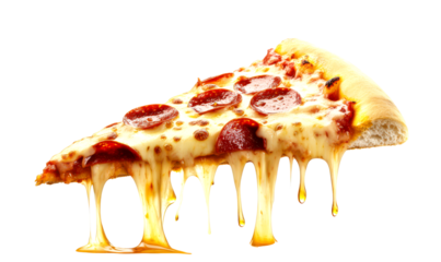 Spicy Honey Drizzled Slice of Pepperoni Pizza with Cheese Stretch Isolate on Transparent Background, cutout, png