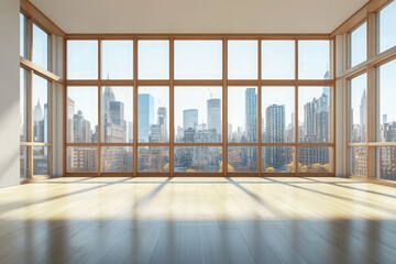 Fototapeta premium Bright Empty Room with Parquet Floor & Cityscape View Through Large Windows, Sunlight