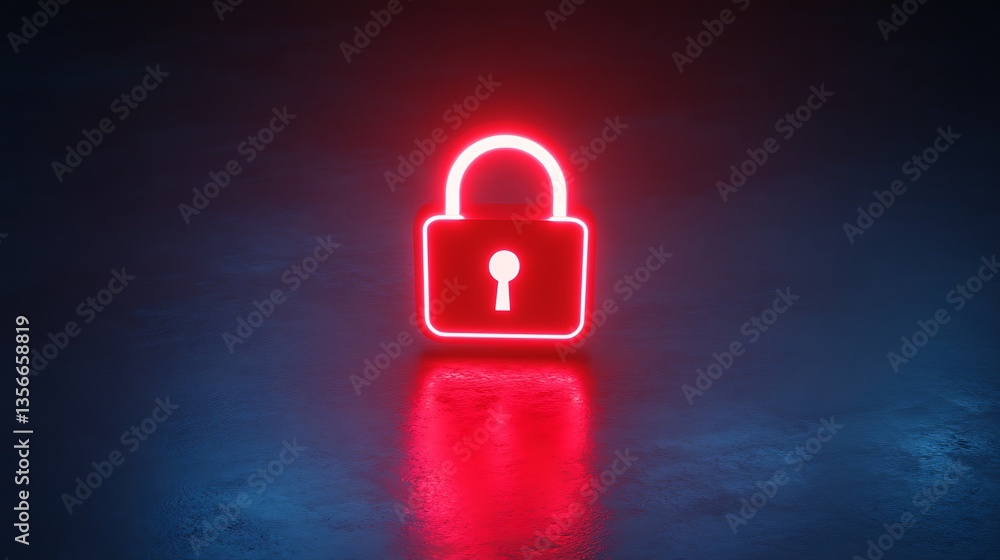 Poster neon lock symbol on dark surface representing security and protection in digital environments