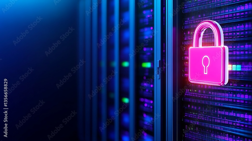 Poster neon lock symbol on server rack representing data security and cyber protection in a digital environ