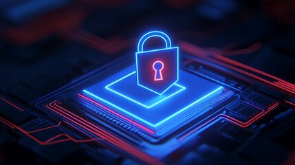 Neon Lock Symbol on Digital Circuit Board Representing Cybersecurity Concept in Futuristic Technology