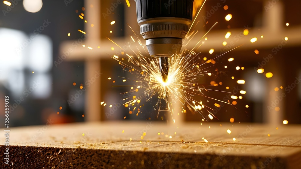 Poster a close-up of a drill bit creating sparks while drilling into wood, highlighting the action and ener