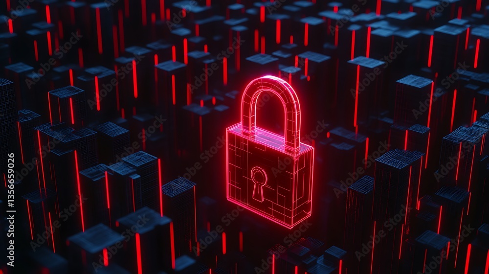 Poster neon lock symbol surrounded by digital structures representing cybersecurity and data protection con