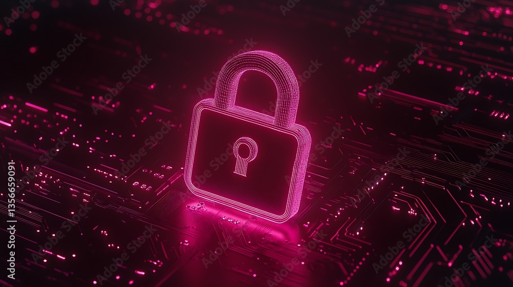 Poster neon lock symbol with digital circuit background on a dark surface for security and technology theme