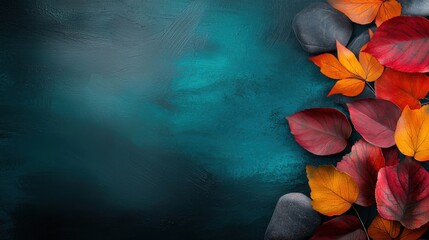 Stunning Autumn Foliage with Vibrant Orange Red and Yellow Leaves Set Against a Moody Teal and Blue Background  Peaceful and Serene Nature Scene with Lush Botanical Elements
