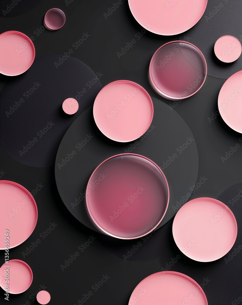 Poster black with pink transparent circular shapes layer abstract background for card or greeting template 