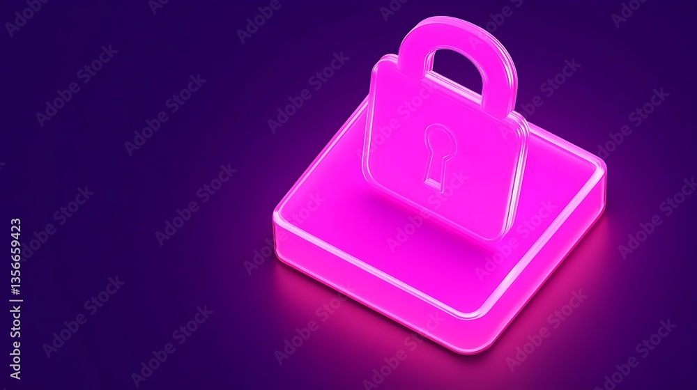 Poster neon pink lock on square base symbolizing security and protection in technology and digital spaces