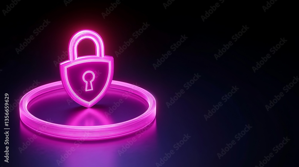 Poster neon pink lock symbol with glowing effects representing data security and digital protection in dark