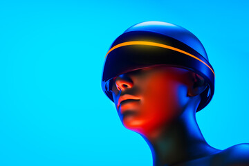 Humanoid with virtual goggles explores artificial intelligence realms