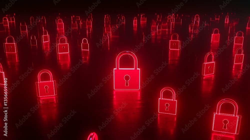 Poster neon red lock icons on dark background representing security and privacy concepts in digital space