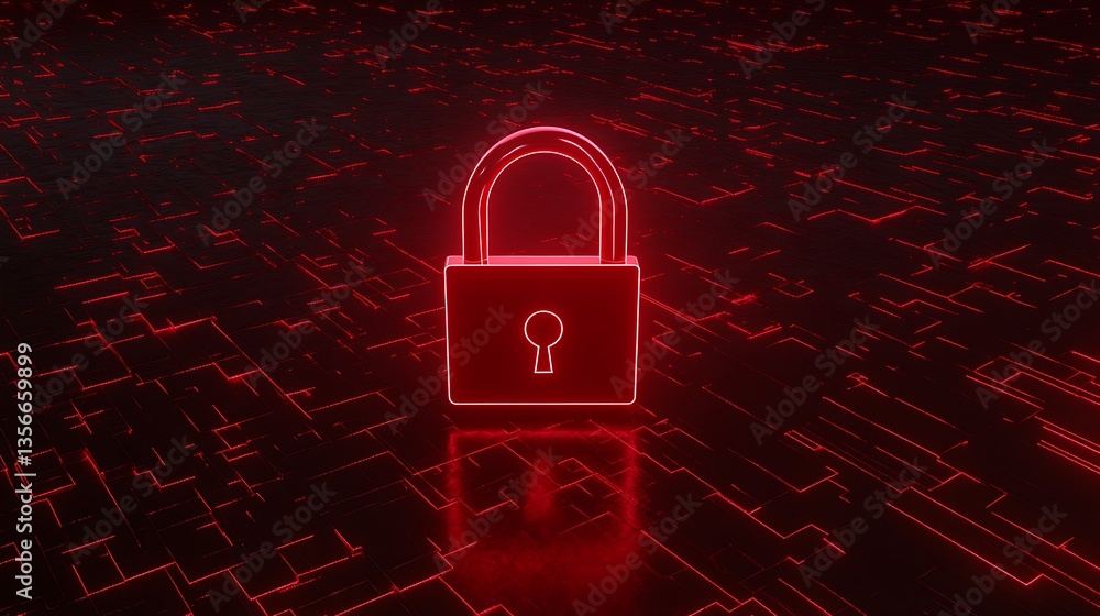 Poster neon red lock symbol on digital background representing cybersecurity and data protection concepts