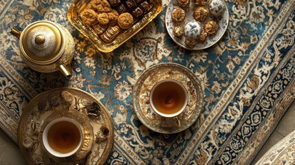 A richly detailed Eid coffee table arrangement showcasing hot cardamom tea