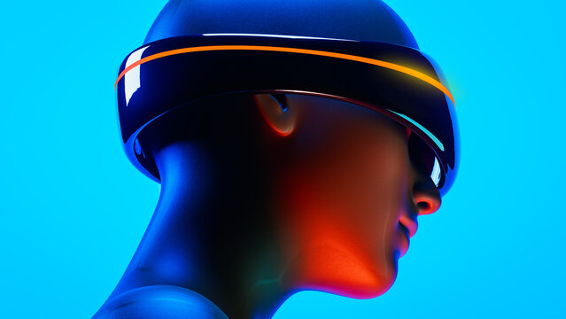 Humanoid with virtual goggles explores artificial intelligence realms