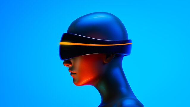 Humanoid with virtual goggles explores artificial intelligence realms