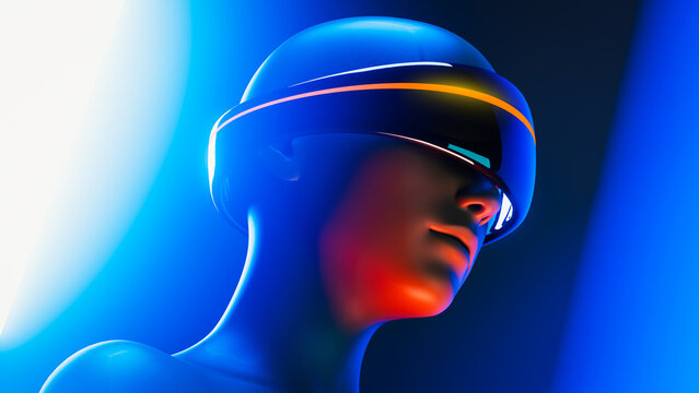 Humanoid with virtual goggles explores artificial intelligence realms
