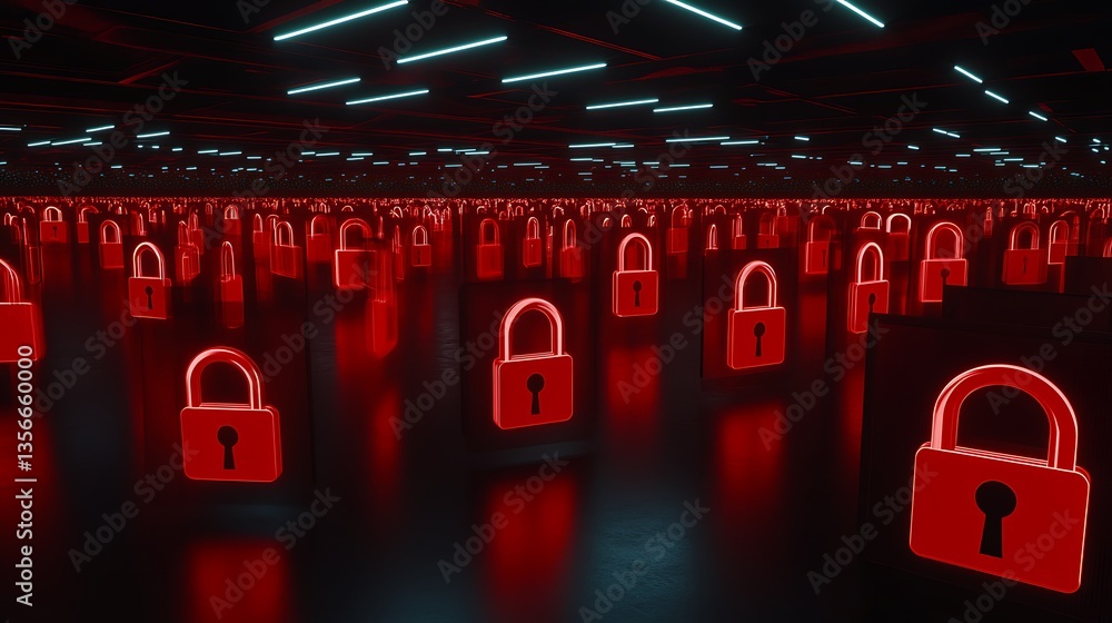 Poster Neon Red Lock Symbols in a Digital Space Representing Security and Protection in a Futuristic Environment