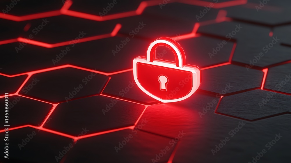 Poster neon red padlock icon glowing on a hexagonal pattern background representing digital security and pr