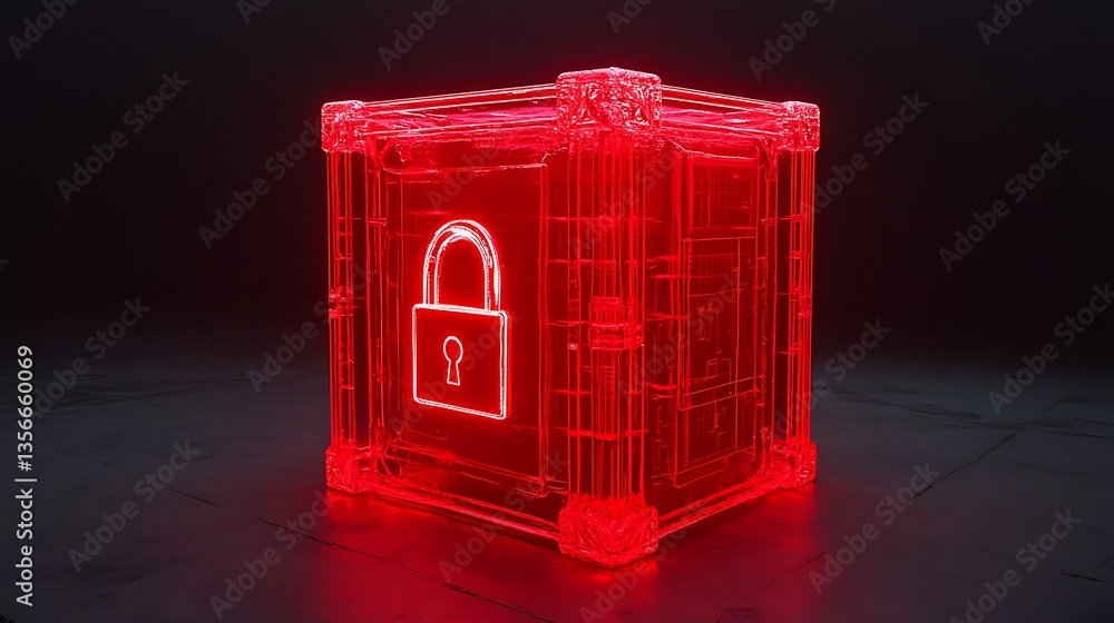Poster neon red transparent security box with lock symbol in dark background for cybersecurity and privacy 