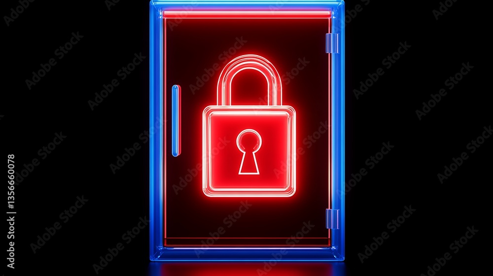 Poster neon safe with locked padlock symbol illuminating in red against a dark background for security and 