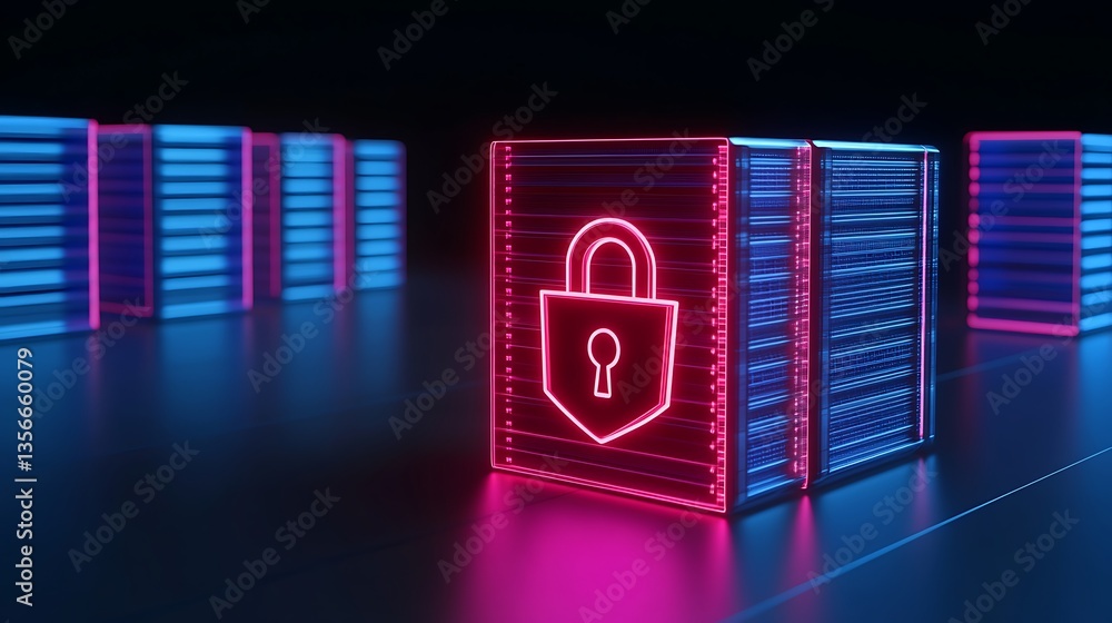 Poster neon security concept with digital lock symbol on server data storage units in futuristic environmen