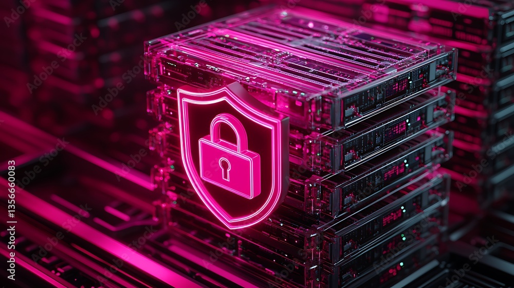 Poster neon security shield with lock symbol on transparent data server background in futuristic cyber envi