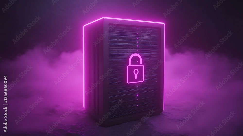 Poster neon security system with padlock concept in dark environment and colorful light effects