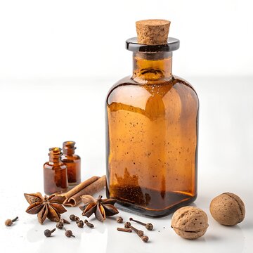 Brown apothecary glass bottle with cork stopper. Isolated white background. For magical potions collage