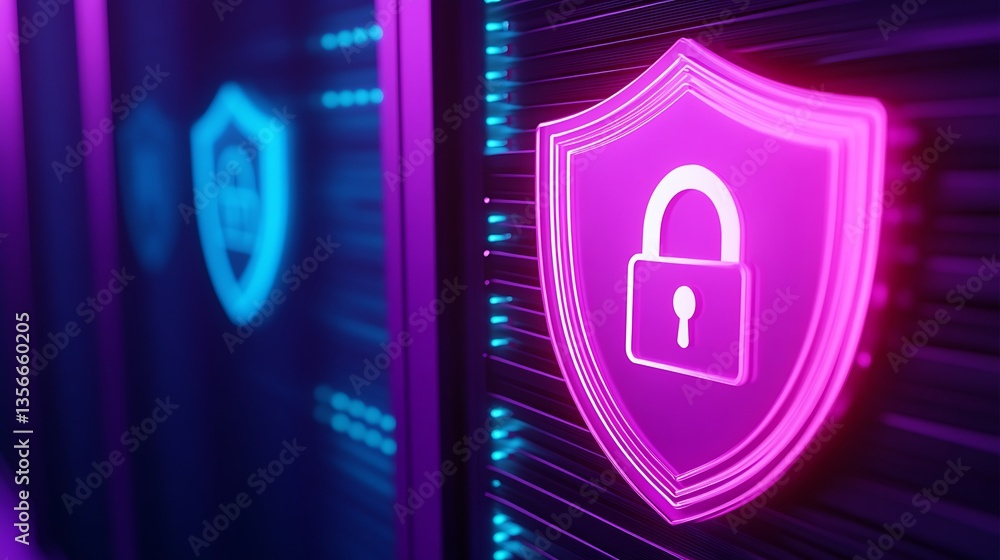 Poster neon shield with padlock symbol representing cybersecurity and data protection in a modern digital e