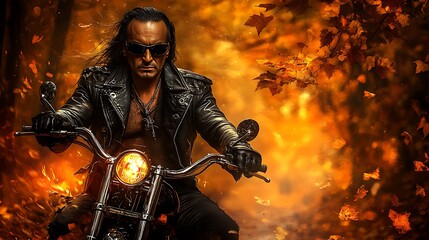 Man riding motorcycle through autumn forest fire.