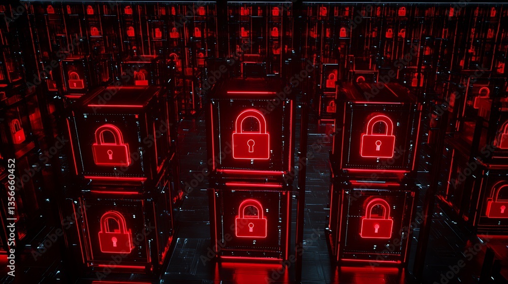 Poster network security concept with red lock icons on glossy boxes in a digital data environment