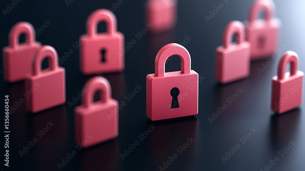 Poster pink padlocks scattered on a dark glossy surface representing security and privacy concepts in a dig
