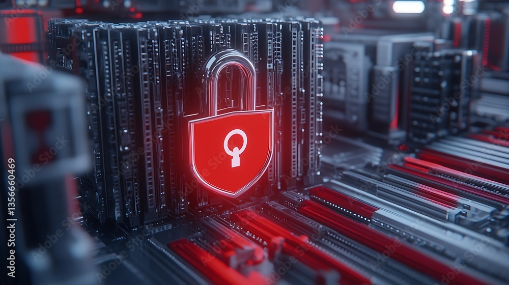 Poster red and black digital lock icon representing cybersecurity and data protection in modern technology 