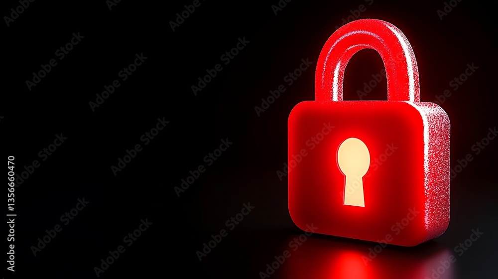 Poster red 3d padlock with glowing keyhole on dark background representing security and protection concept